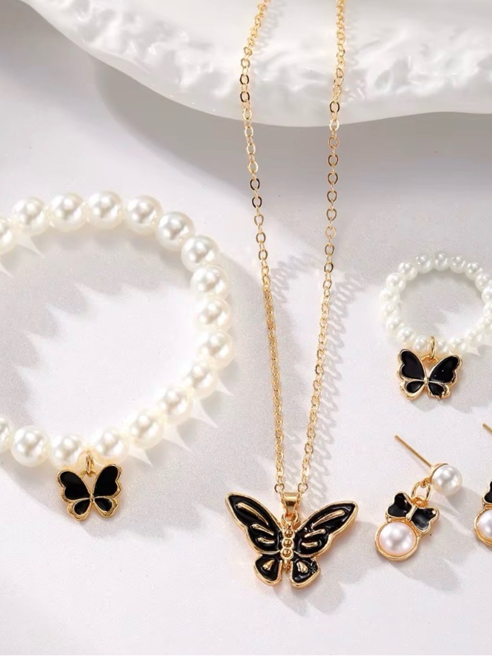 Gold and Black Butterfly Pendant Necklace and Pearl Bracelet Set